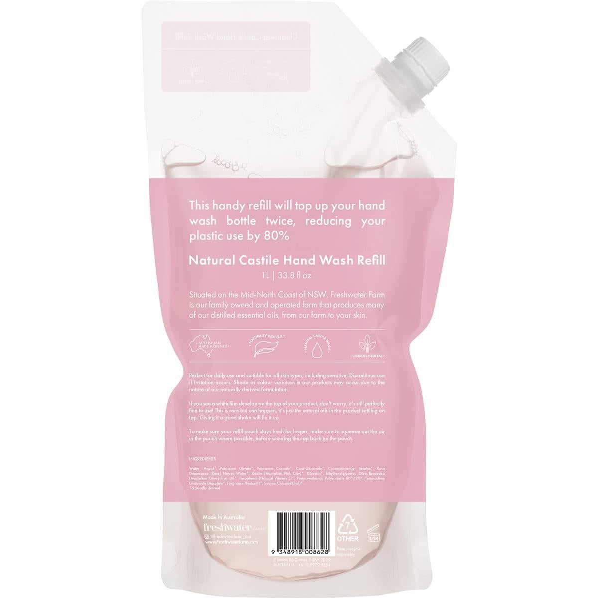 Freshwater Farm Rosewater + Pink Clay Hand Wash Refill Pouch 1l