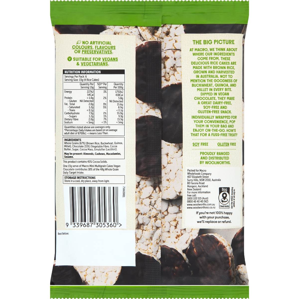 Macro Mini Multigrain Rice Cakes Vegan Chocolate Snack Packs 78g X 6