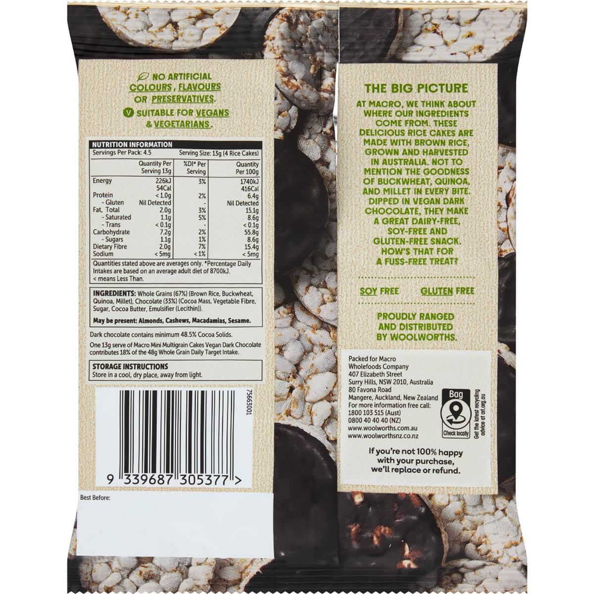 Macro Mini Multigrain Rice Cakes Vegan Dark Chocolate 58g Woolworths