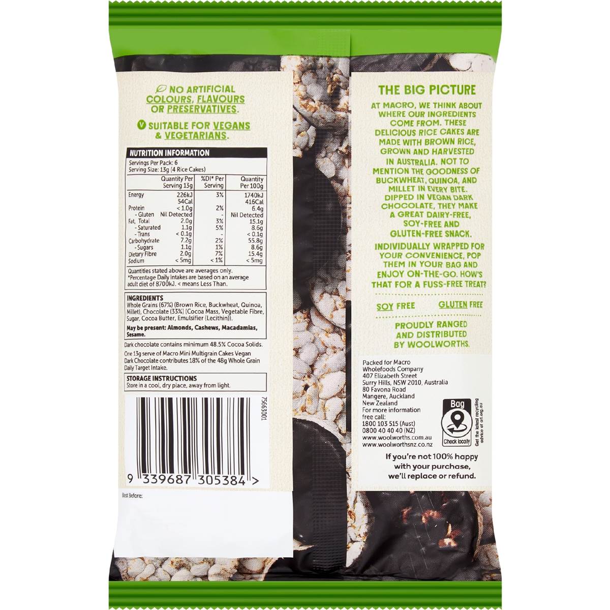 Macro Mini Multigrain Rice Cakes Vegan Dark Chocolate 6 Pack Woolworths