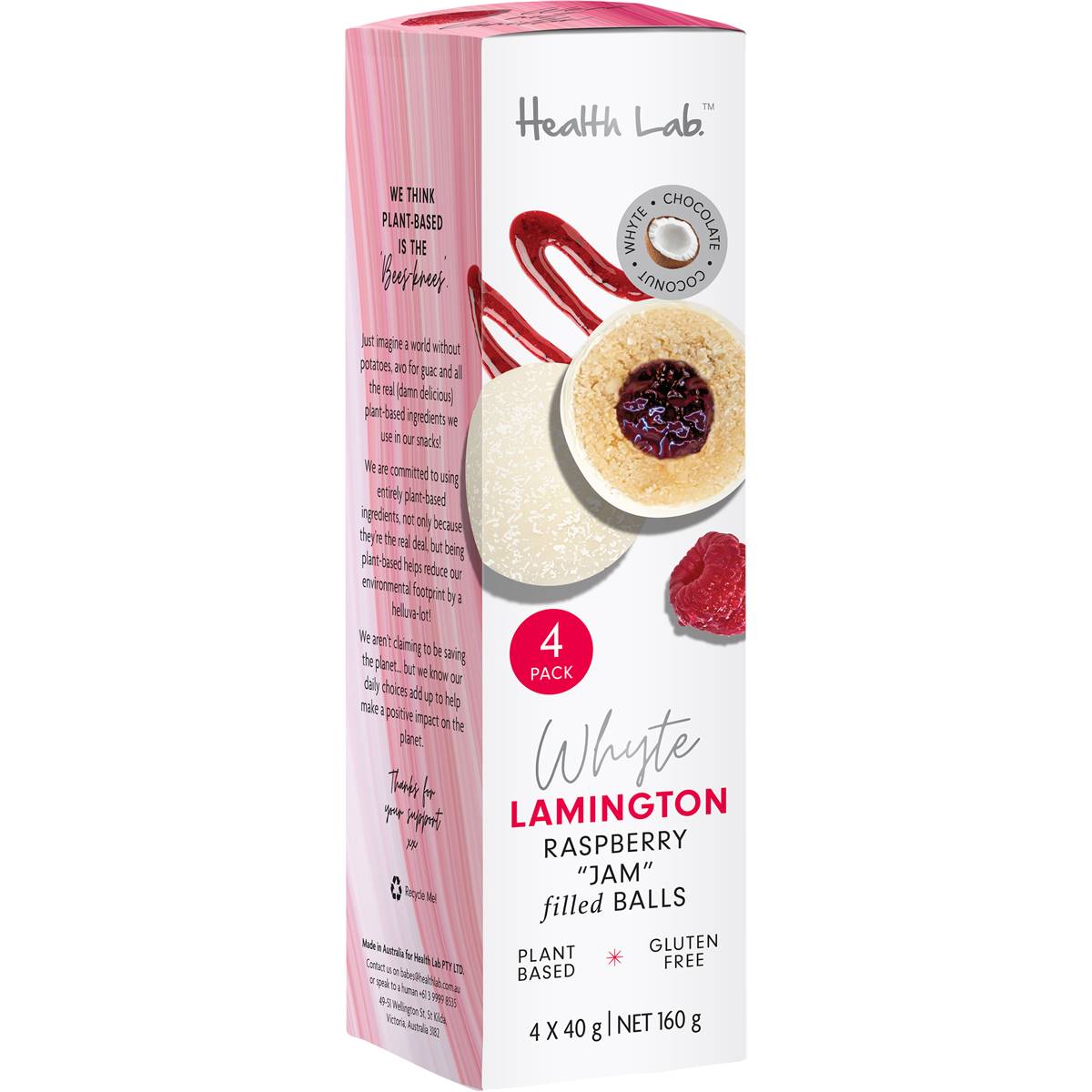 Health Lab White Lamington Raspberry Jam Filled Balls 4 Pack Woolworths