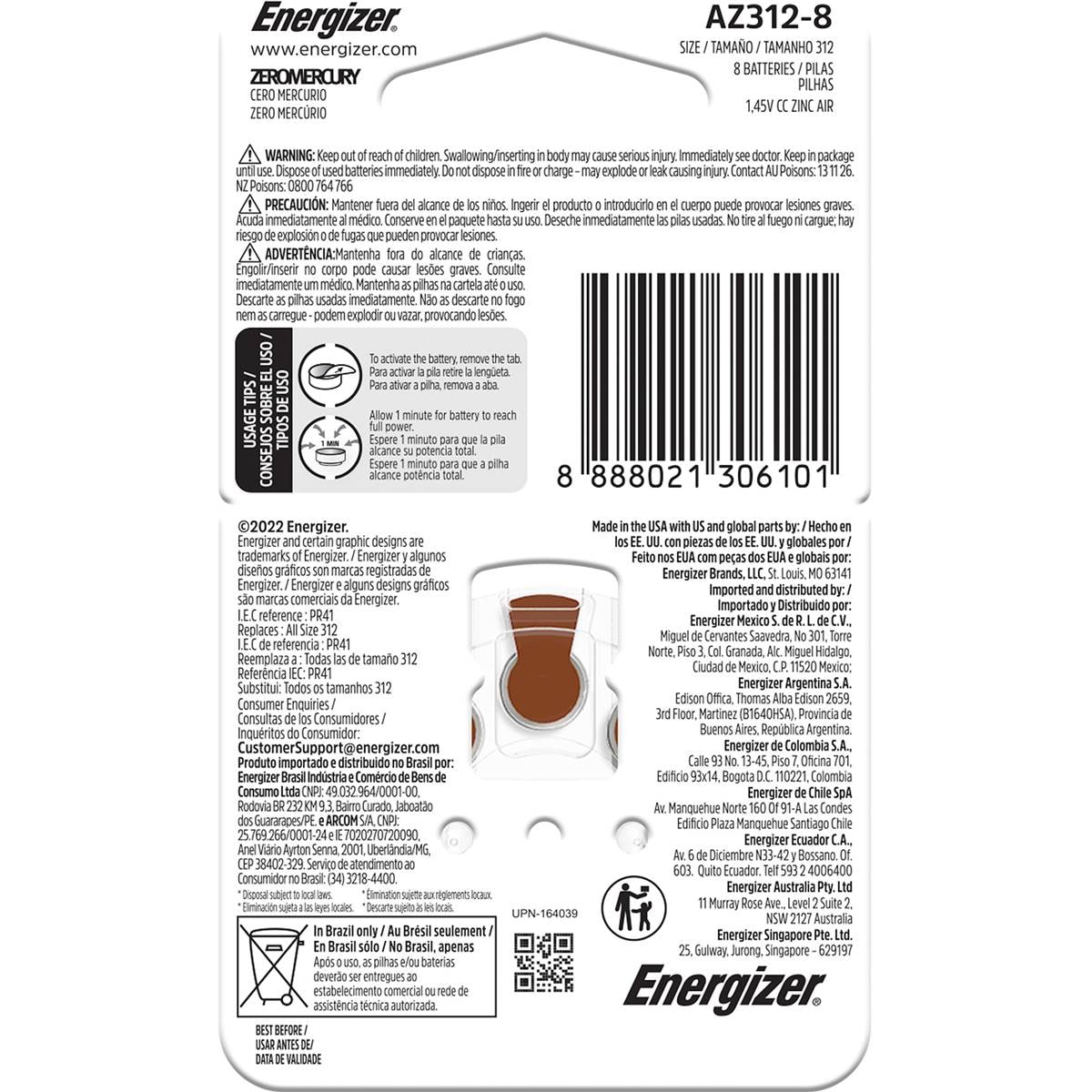 Energizer Hearing Aid Batteries Size 312 8 Pack Woolworths