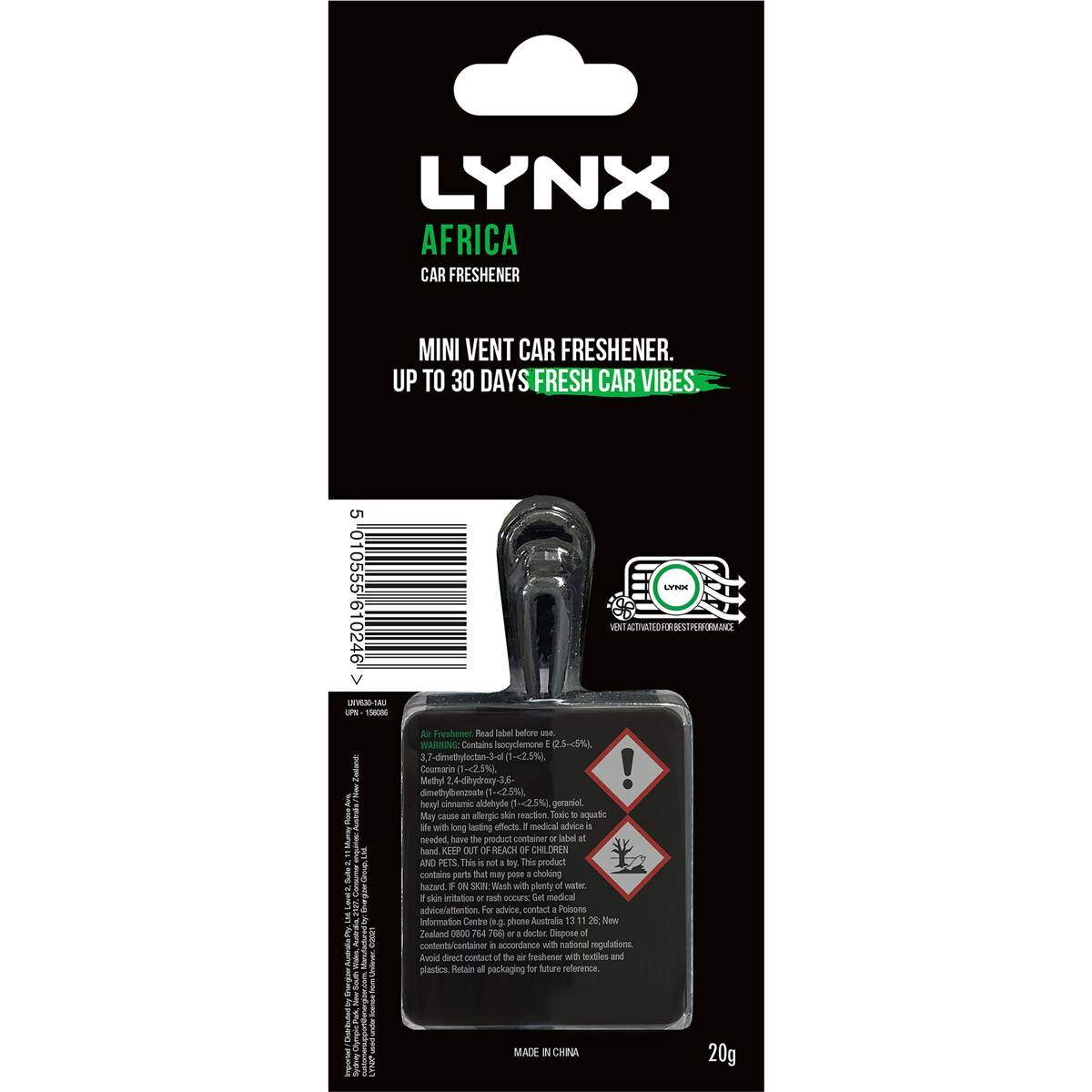 Lynx Africa Car Freshener Geranium & Vanilla Scent Each Woolworths