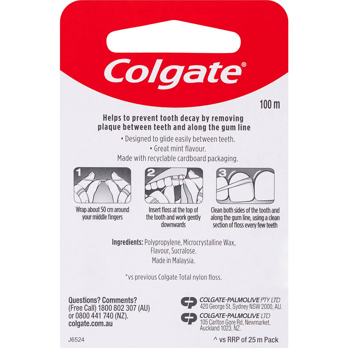 Colgate Waxed Dental Floss 100m Mint Flavour Each Woolworths