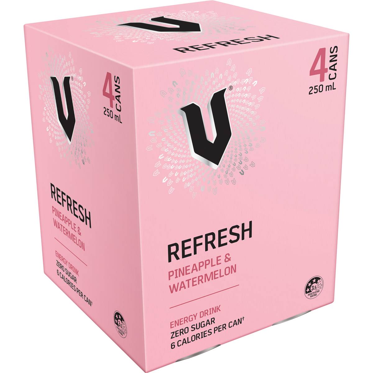 V Energy Refresh Pineapple & Watermelon Zero Sugar Cans 250ml X4 Pack