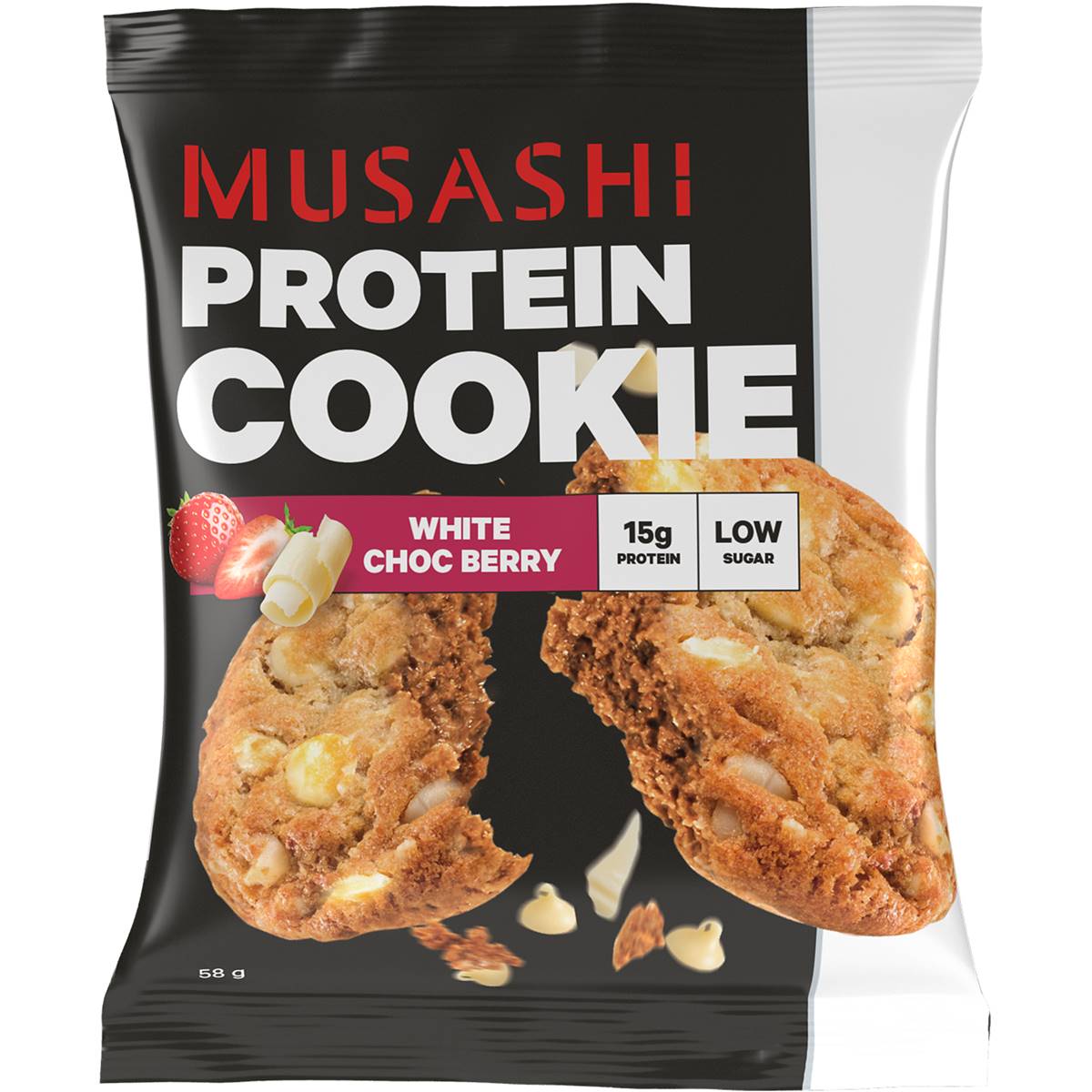 Musashi Protein Cookie White Chocolate Berry, Low Sugar, 58g Woolworths