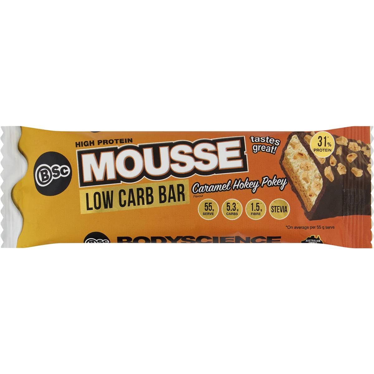 Bsc High Protein Low Carb Mousse Bar Caramel Hokey Pokey 55g Woolworths