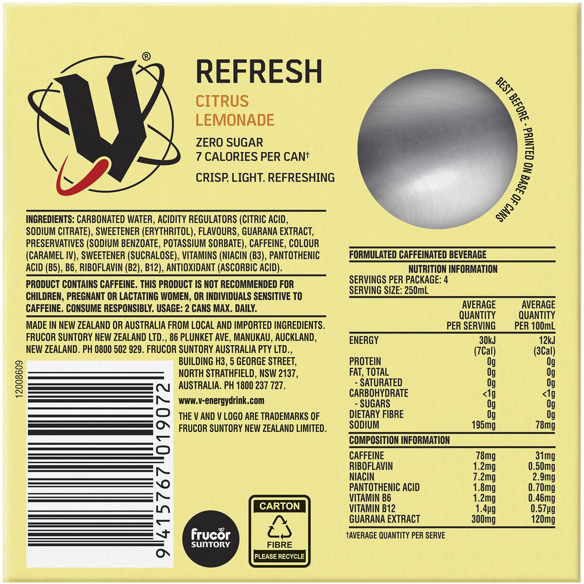 V Energy Refresh Citrus Lemonade Sugar Free Cans 250ml X4 Pack Woolworths