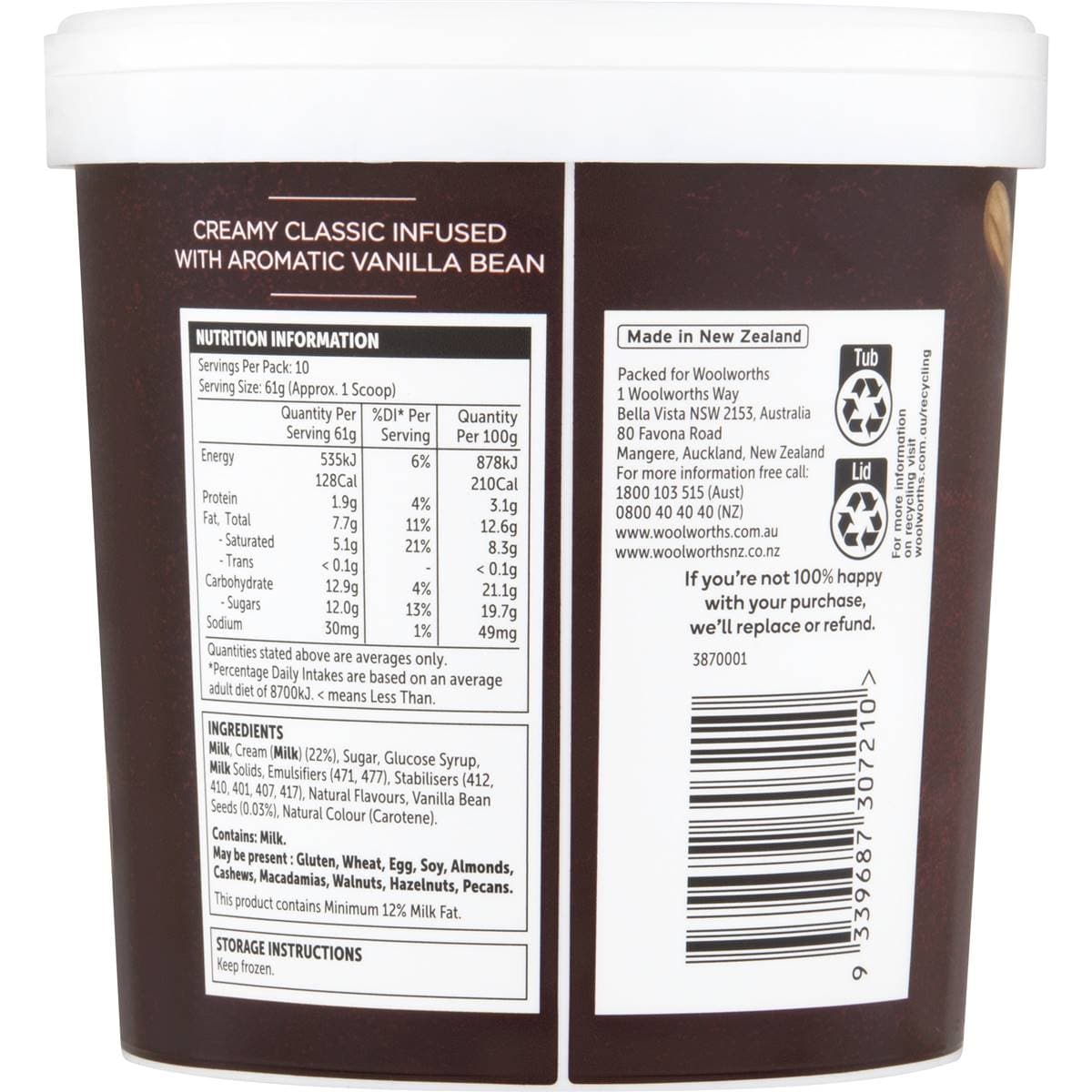 Woolworths Ice Cream Vanilla Bean 1l Woolworths