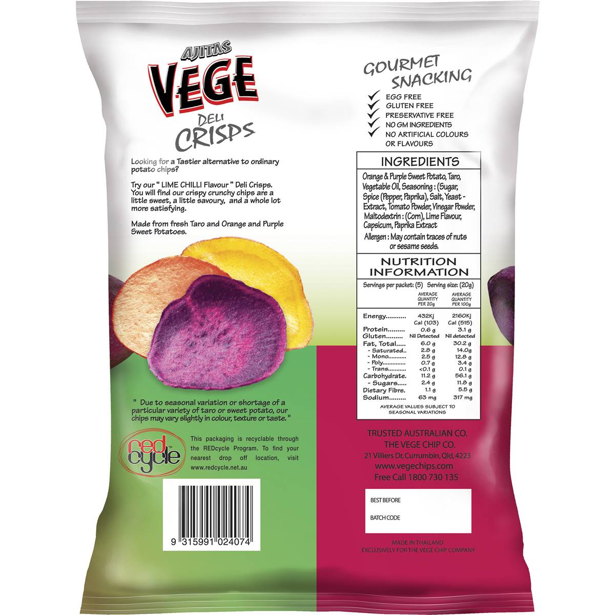 Vege Chips Deli Crisps Lime Chilli Purple & Sweet Potato & Taro 100g