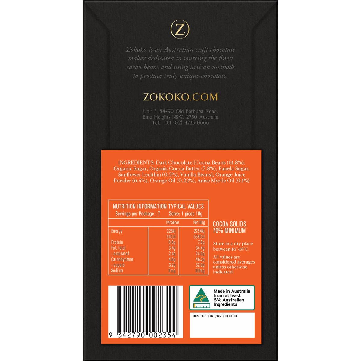 Zokoko Orange & Anise Myrtle Dark Chocolate Bar 70g Woolworths