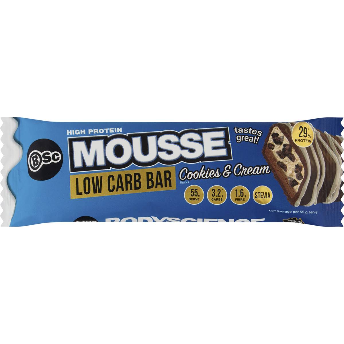 Bsc High Protein Low Carb Mousse Bar Cookies Cream 55g Woolworths
