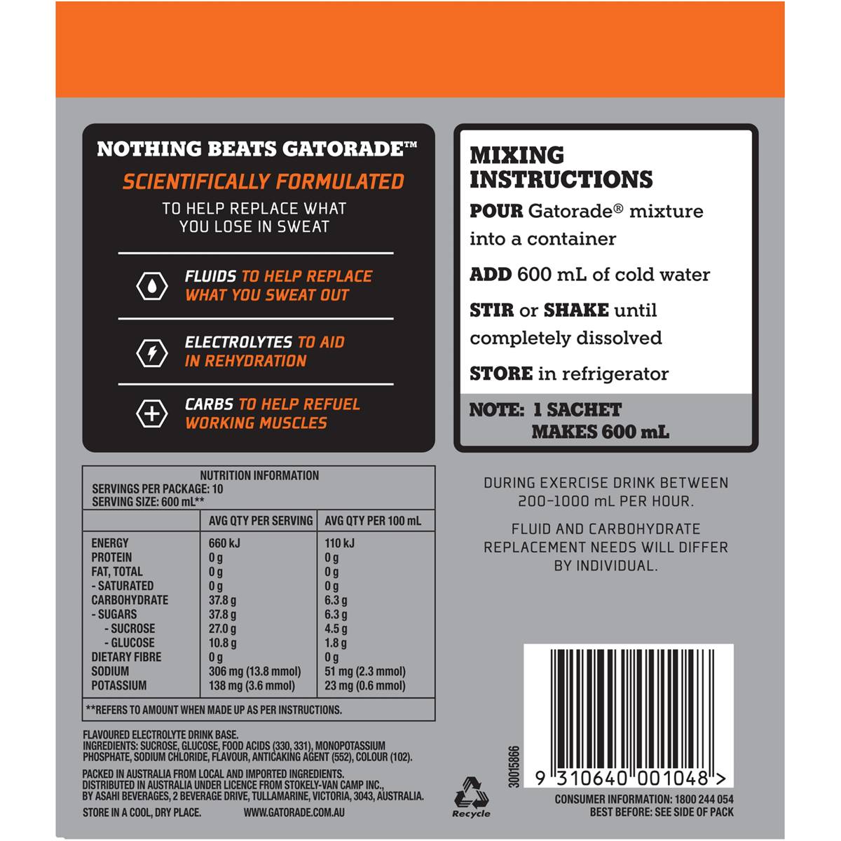 Gatorade Powder Sports Drinks Lemon Lime Sachets Multipack 42g X 10