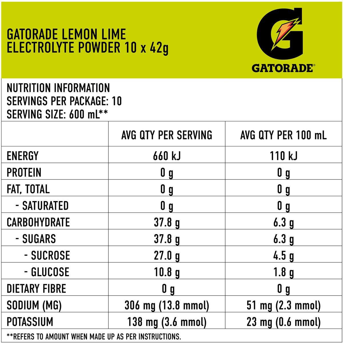 Gatorade Powder Sports Drinks Lemon Lime Sachets Multipack 42g X 10
