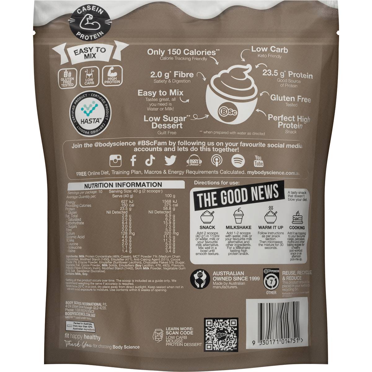 Bsc Low Carb Mousse Protein Powder Dessert Chocoholic 400g Woolworths