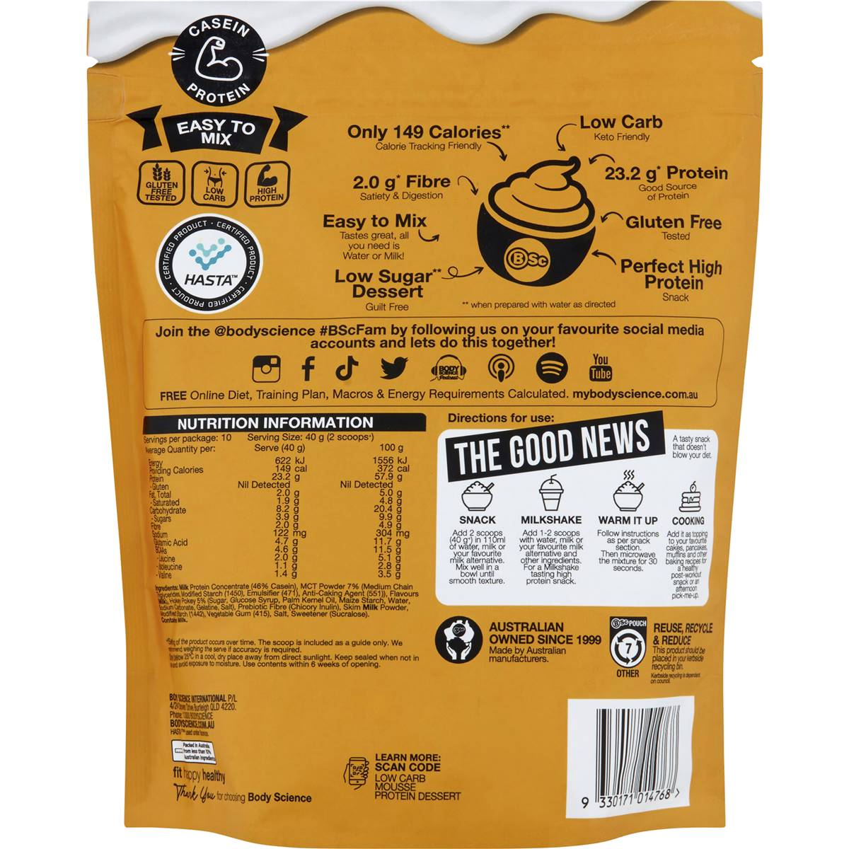 Bsc Low Carb Mousse Protein Powder Dessert White Choc Hokey Pokey 400g