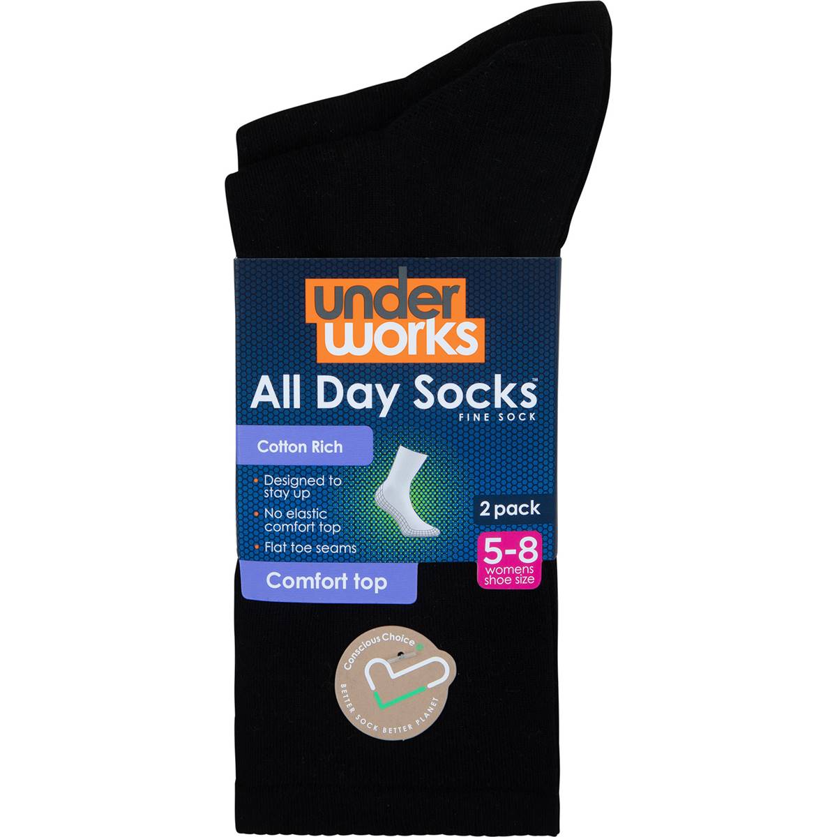 Underworks Ladies All Day Fine Crew Socks Size 5-8 2 Pack | Woolworths