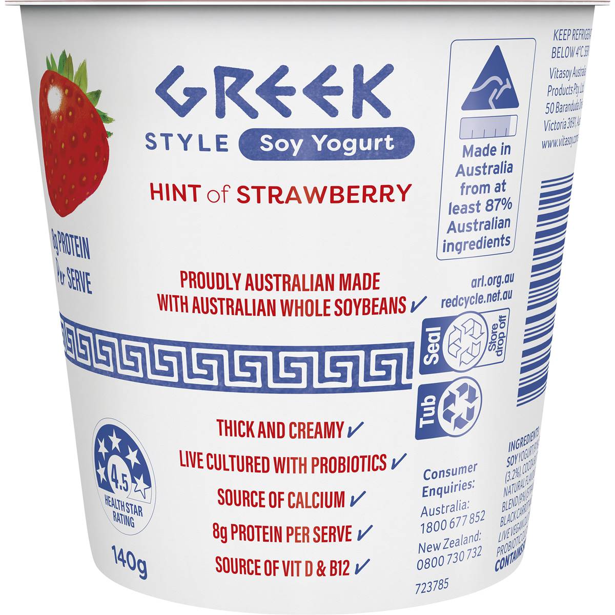 Vitasoy Greek Style Soy Yogurt Hint Of Strawberry 140g Woolworths