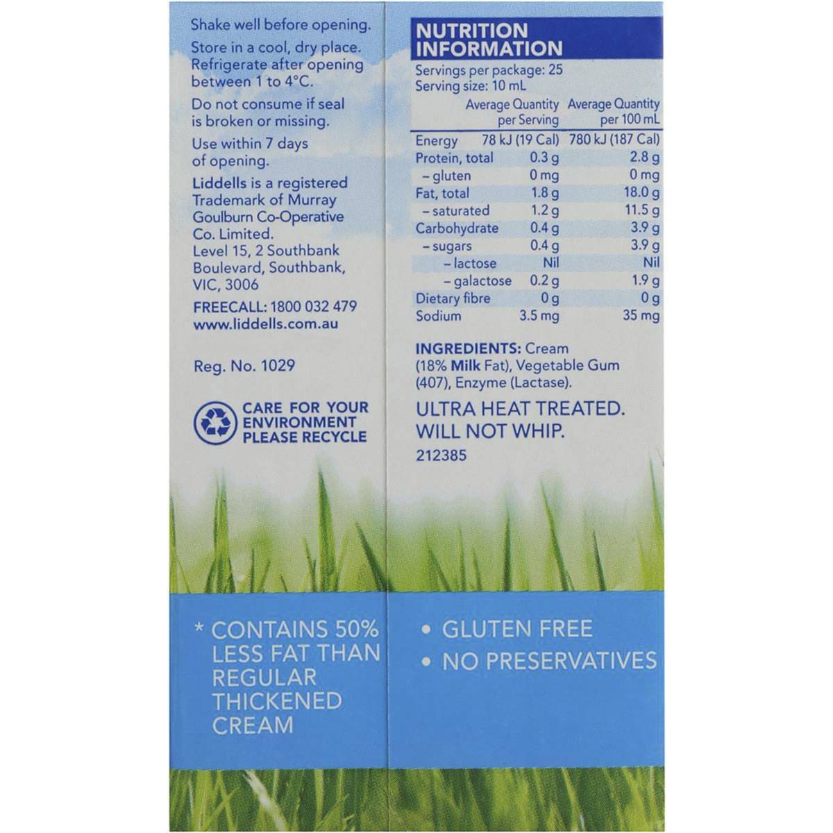 Liddells Lactose Free Lite Cream Thickened Long Life 250ml Woolworths