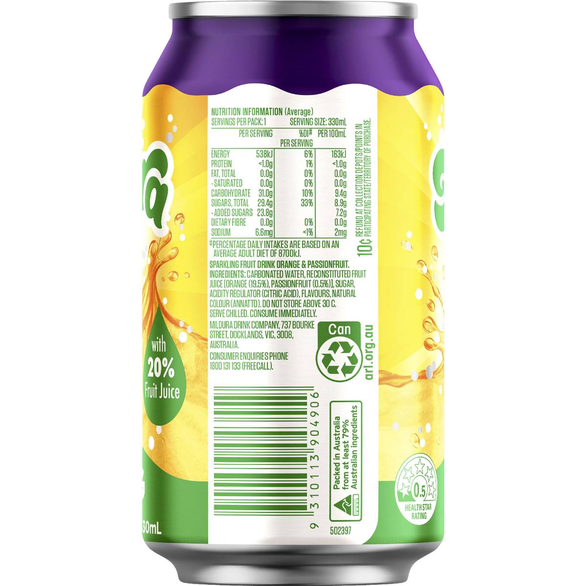 Mildura Sparkling Fruit Juice Orange & Passionfruit Can 330ml Woolworths