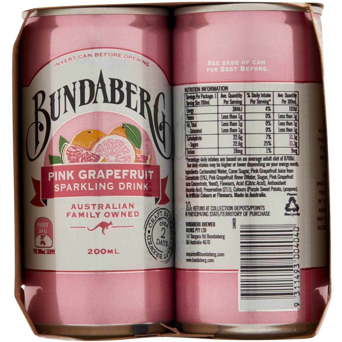 Bundaberg Pink Grapefruit Sparkling Drink 200ml X6 Pack Woolworths