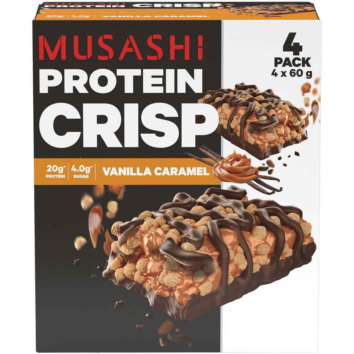 Musashi Vanilla Caramel Crisp Protein Bars, 4pk, 240g Woolworths