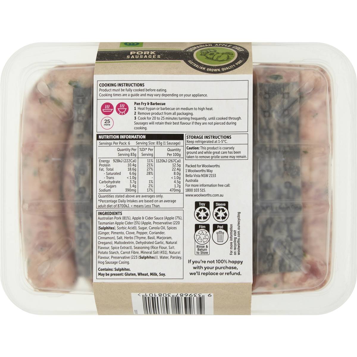 Woolworths Pork, Apple And Tasmanian Cider Sausages 500g Woolworths
