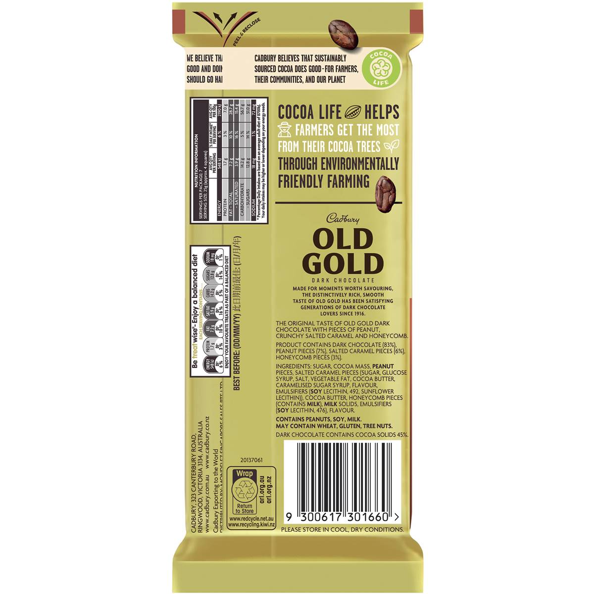 Cadbury Old Gold Peanut Brittle Dark Chocolate Block 175g Woolworths