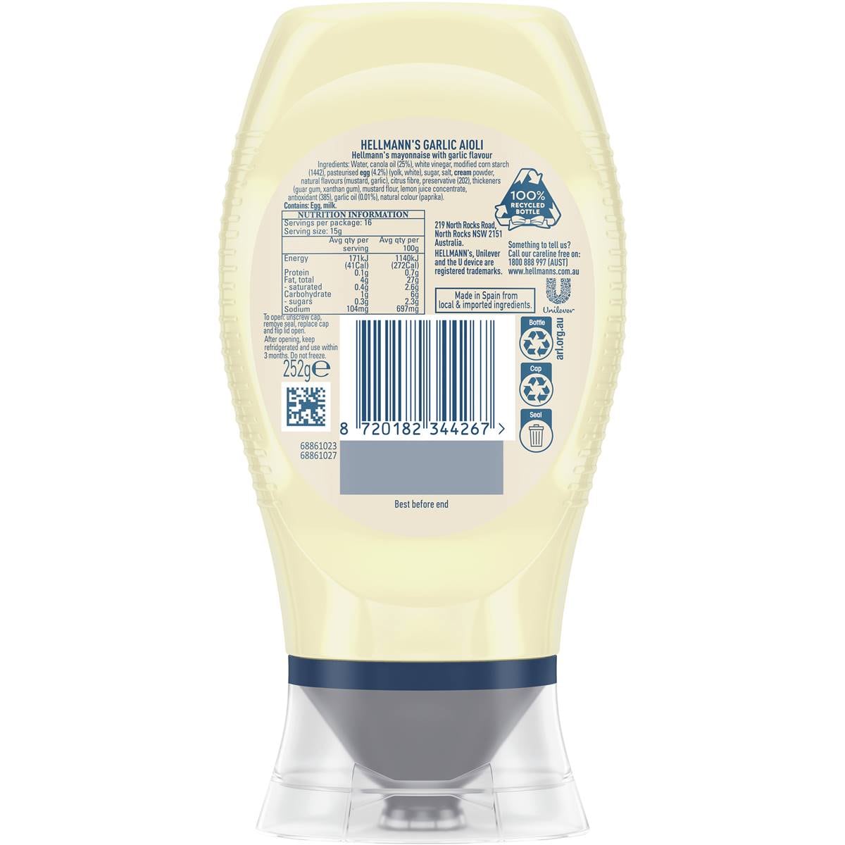 Hellmann's Garlic Aioli Sqeeze Bottle 252g Woolworths
