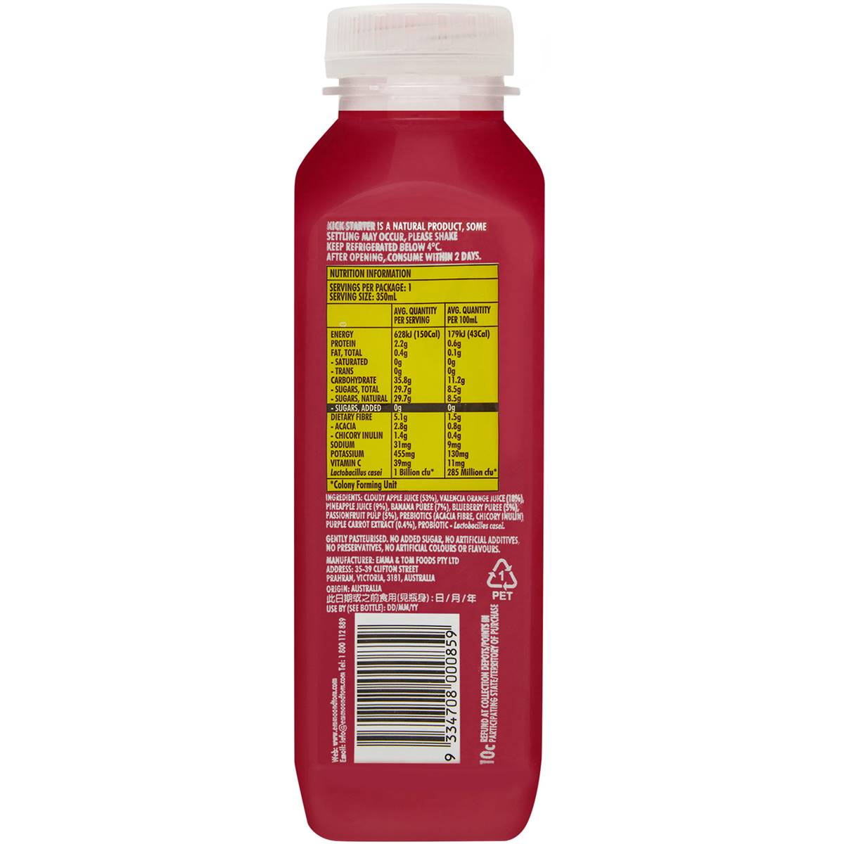 Emma & Tom's Prebiotic & Probiotic Kickstarter Juice 350ml Woolworths