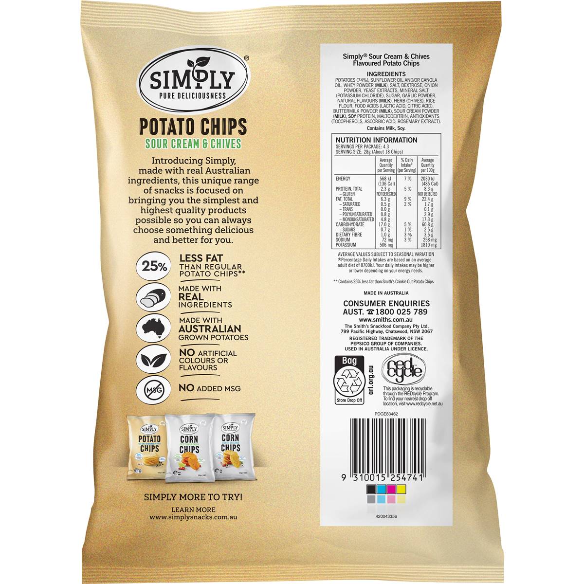 Simply Sour Cream & Chives 25 Less Fat Potato Chips Share Pack 120g