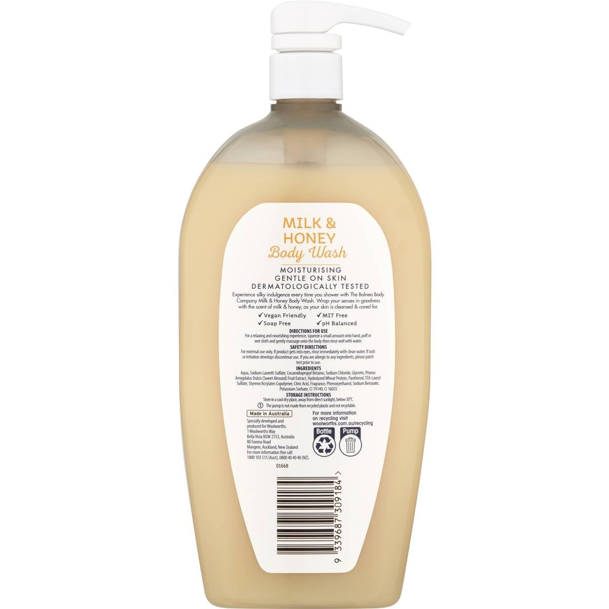 Balnea Milk & Honey Body Wash 1l Woolworths