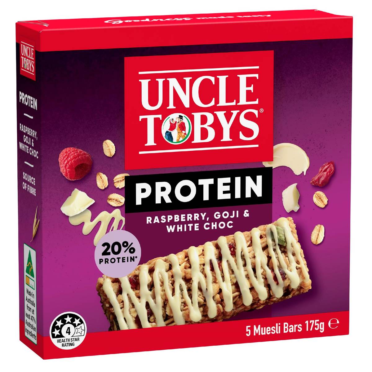 Uncle Tobys Protein Raspberry, Goji & White Choc Muesli Bars 5 Pack