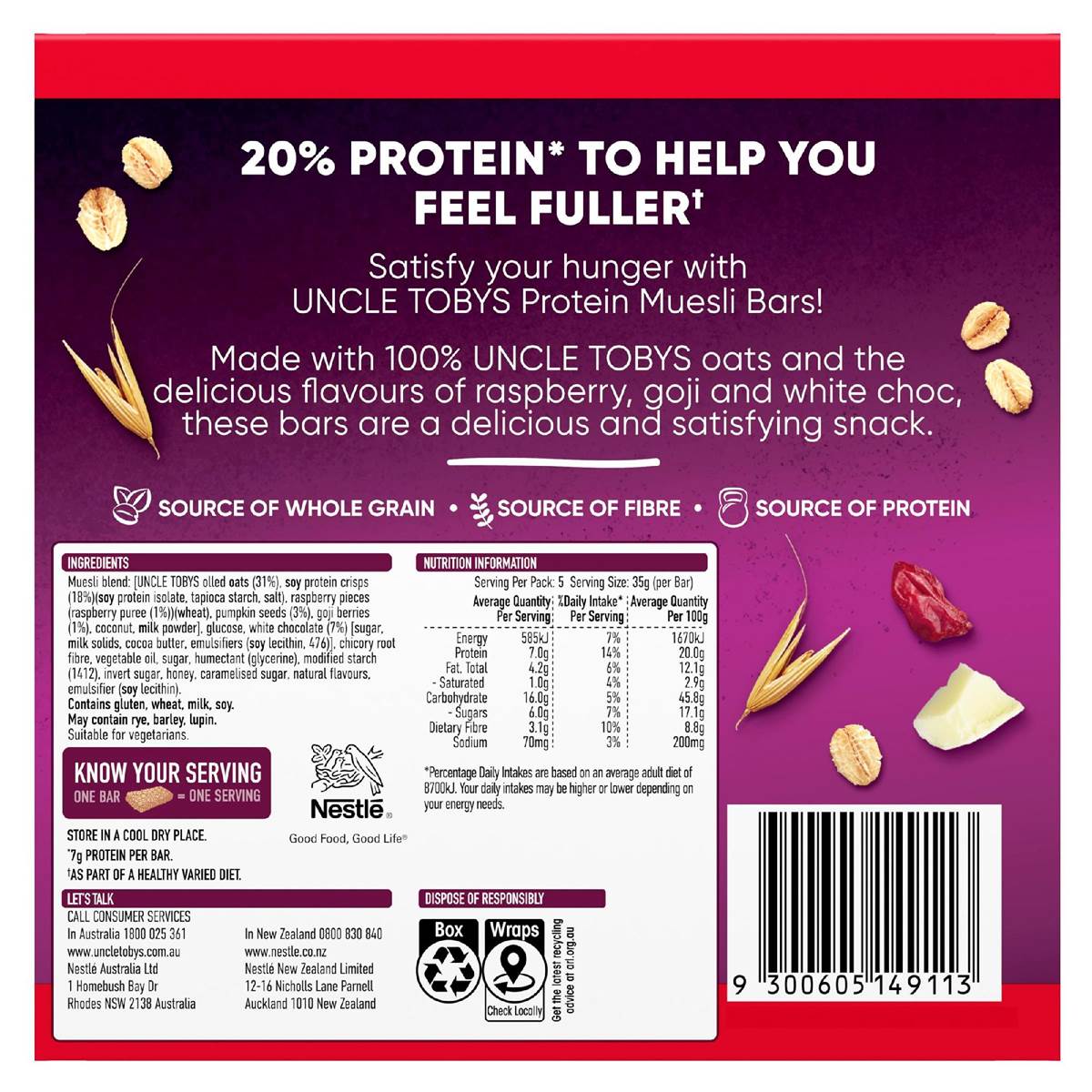 Uncle Tobys Protein Raspberry, Goji & White Choc Muesli Bars 5 Pack