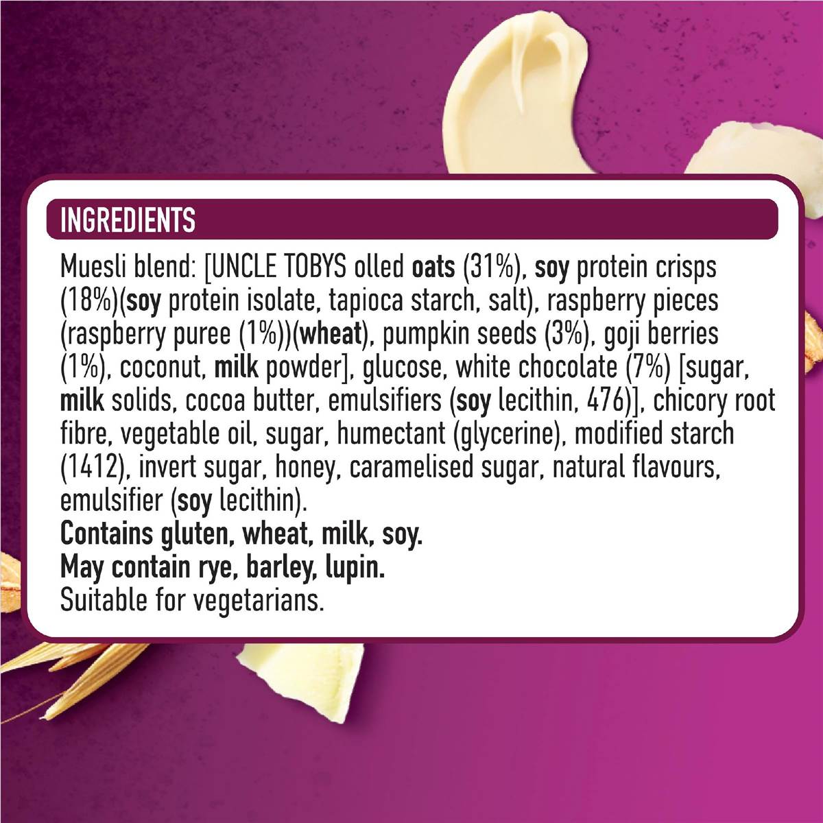 Uncle Tobys Protein Raspberry, Goji & White Choc Muesli Bars 5 Pack