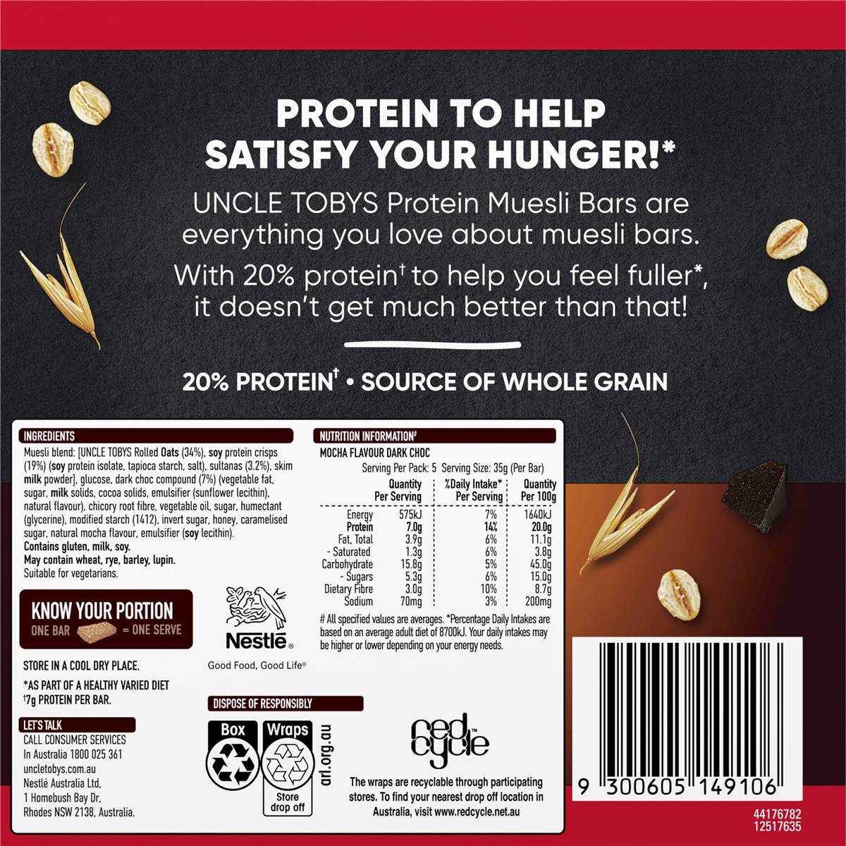 Uncle Tobys Protein Mocha Flavour Dark Choc Muesli Bars 5 Pack Woolworths