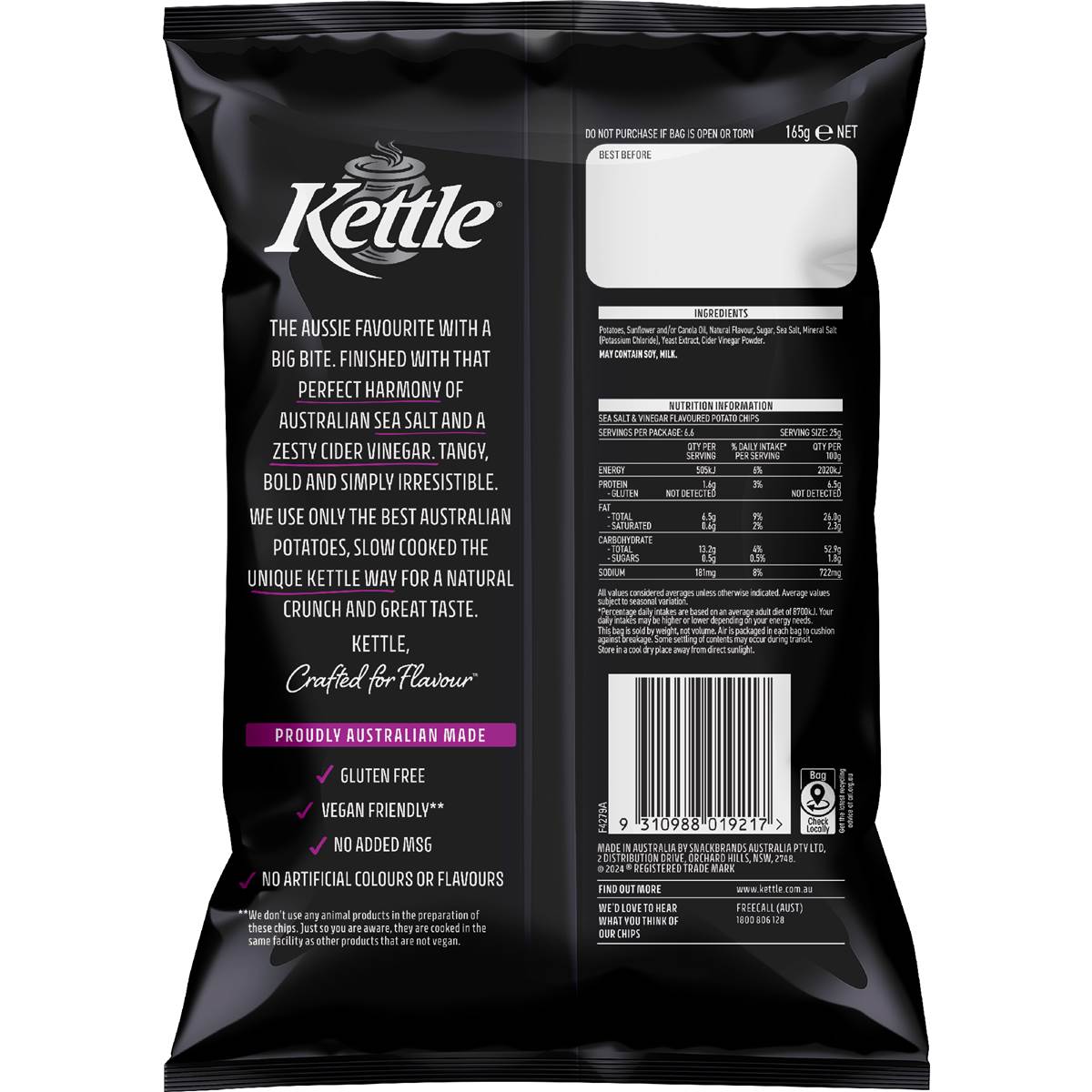 Kettle Sea Salt & Vinegar Chips Chips 165g Woolworths