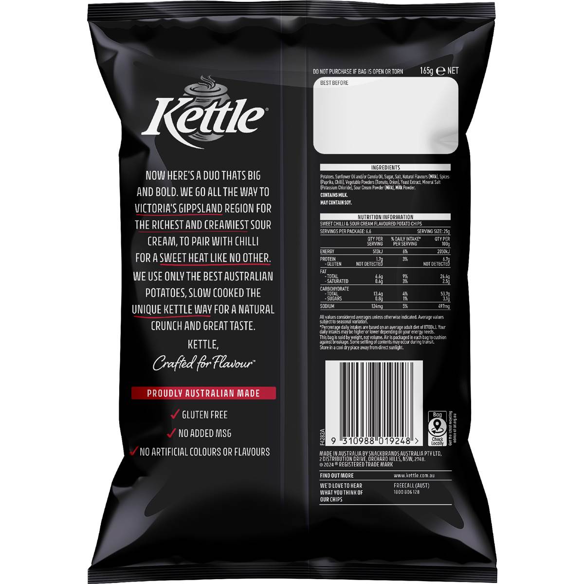 Kettle Sweet Chilli & Sour Cream Potato Chips 165g Woolworths