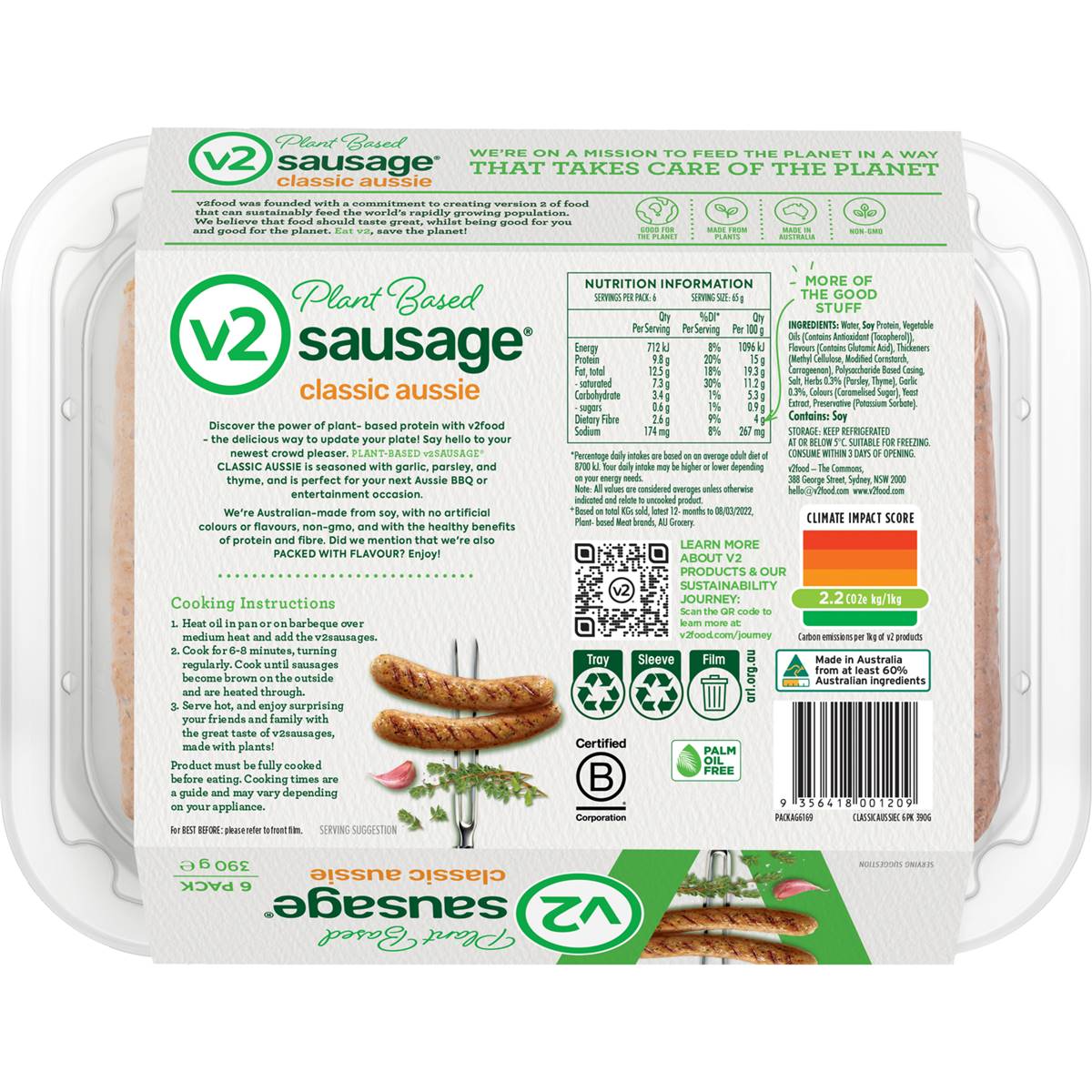 V2 Plant Based Sausages Garlic & Herb 6 Pack Woolworths