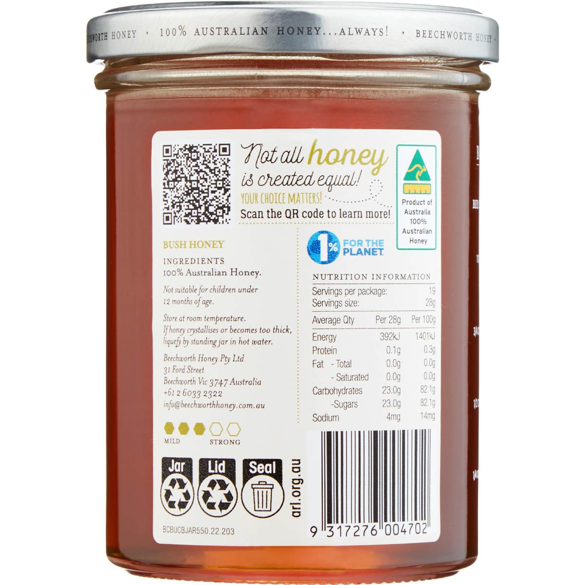 Beechworth Bee Cause 100 Australian Bush Honey Jar 550g Woolworths