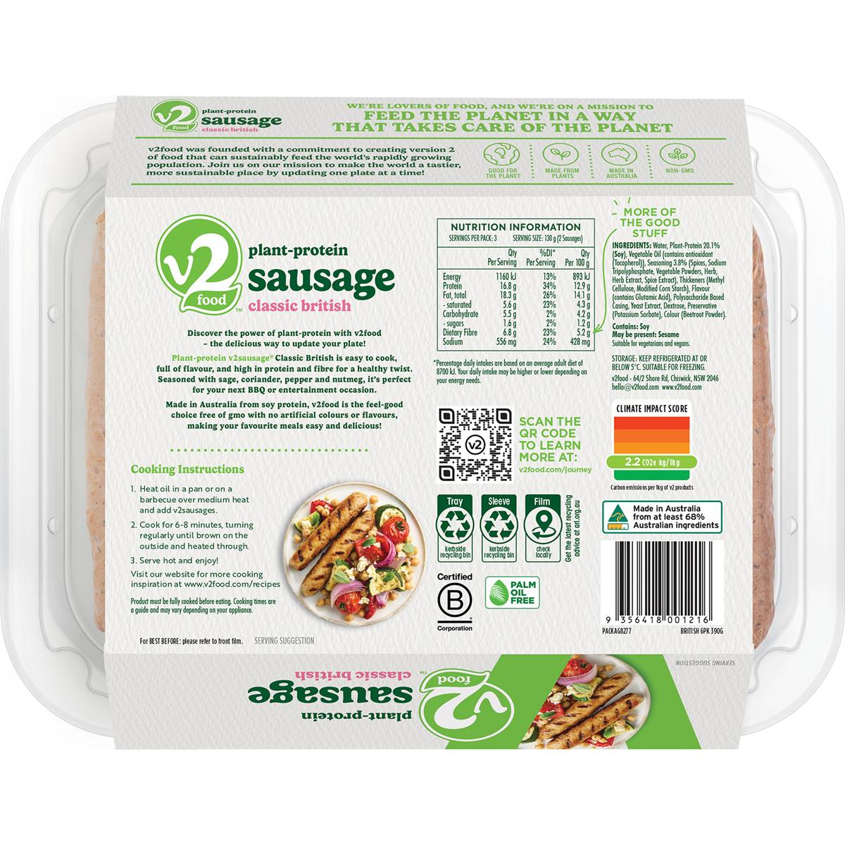 V2 Plant Based Classic British Sausages 6 Pack 390g Woolworths