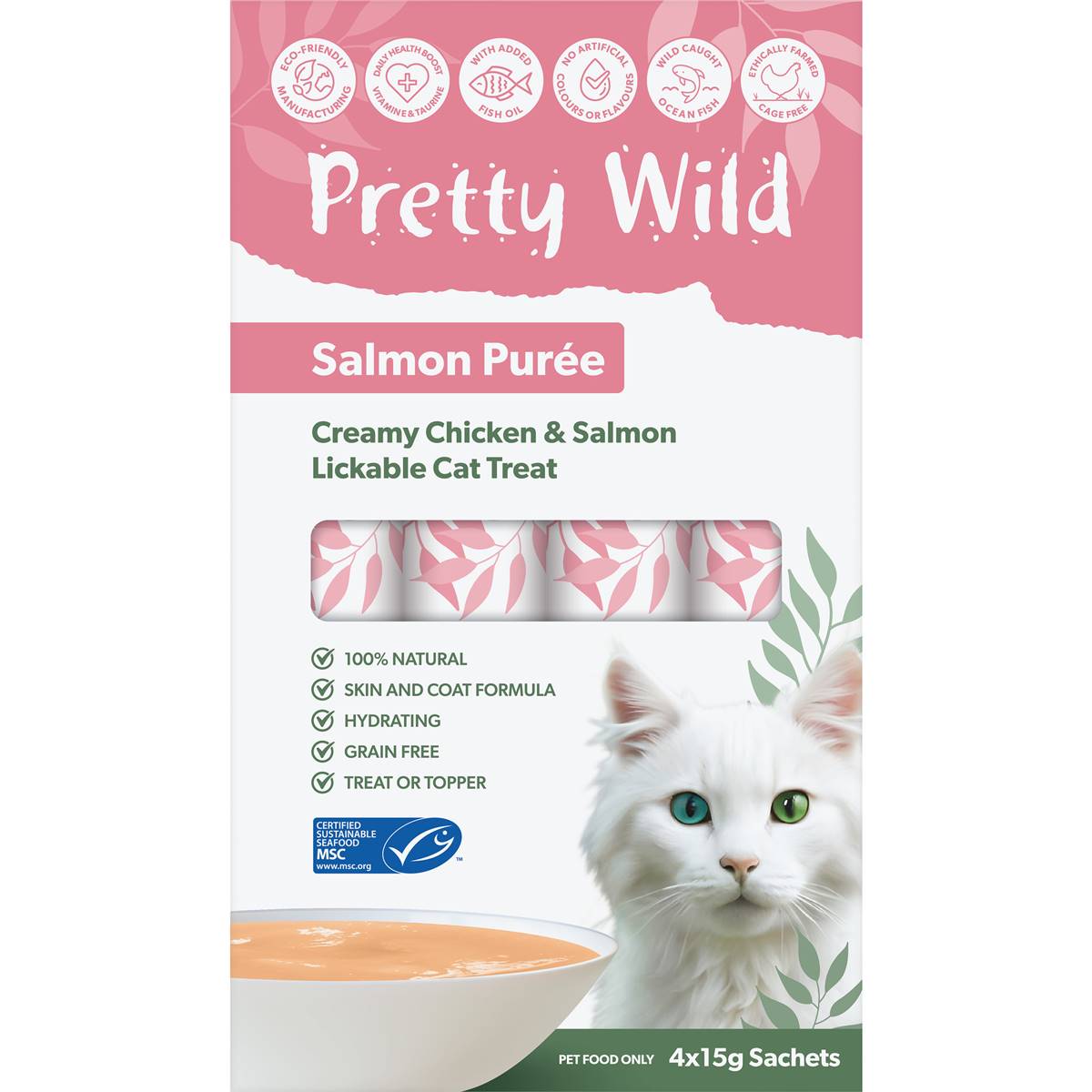 Pretty Wild Cat Food Creamy Salmon & Chicken Puree 15g X 4 Pack | Woolworths
