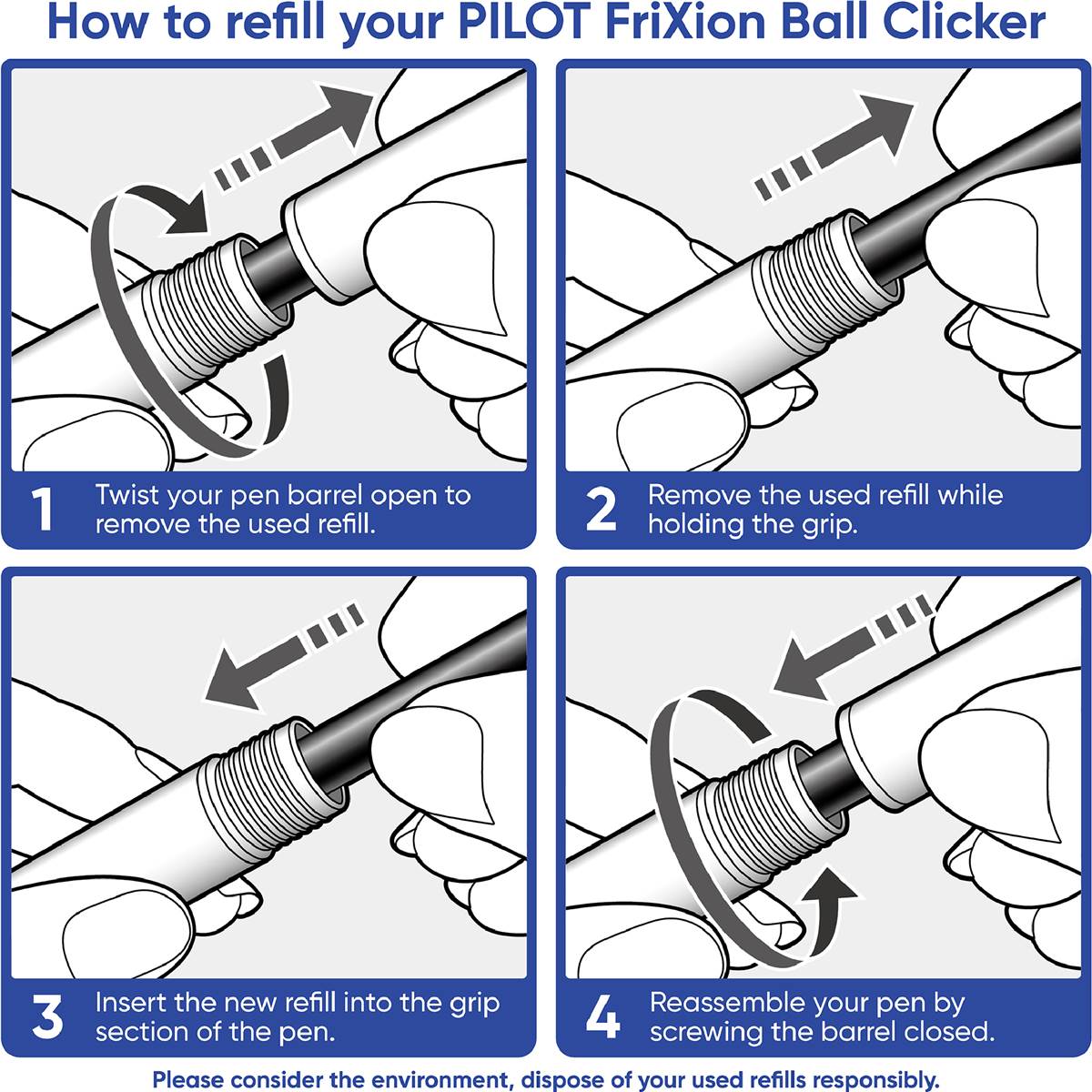 Pilot Frixion Erasable Retractable Gel Pen 0.7mm Black +3 Refills Each