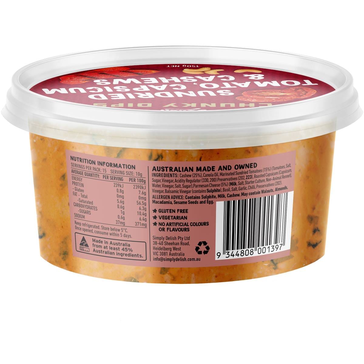 Simply Delish Chunky Dip Sundried Tomato, Capsicum & Cashew 150g