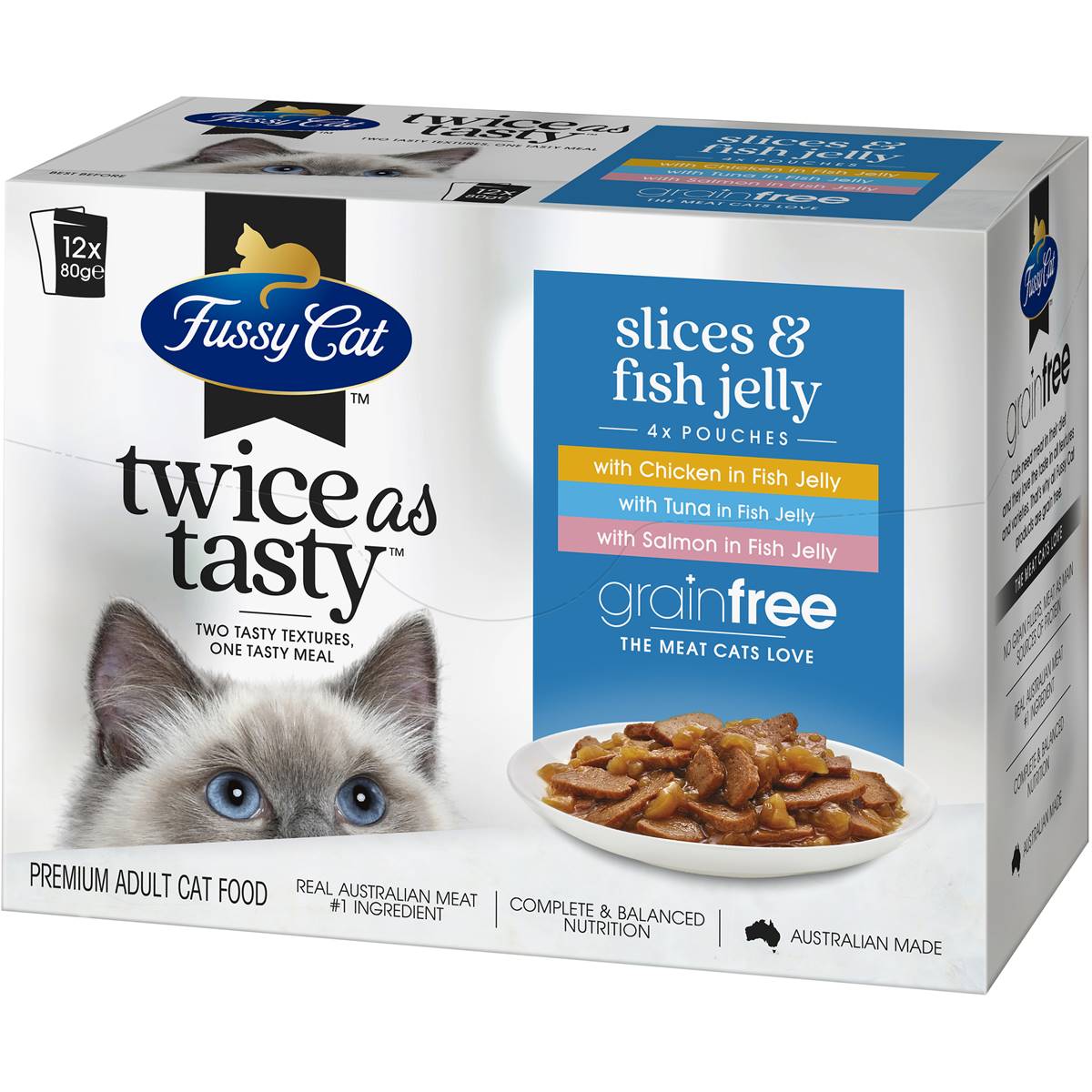 Fussy Cat Grain Free Adult Wet Cat Food Slices & Fish Jelly 80g X 12