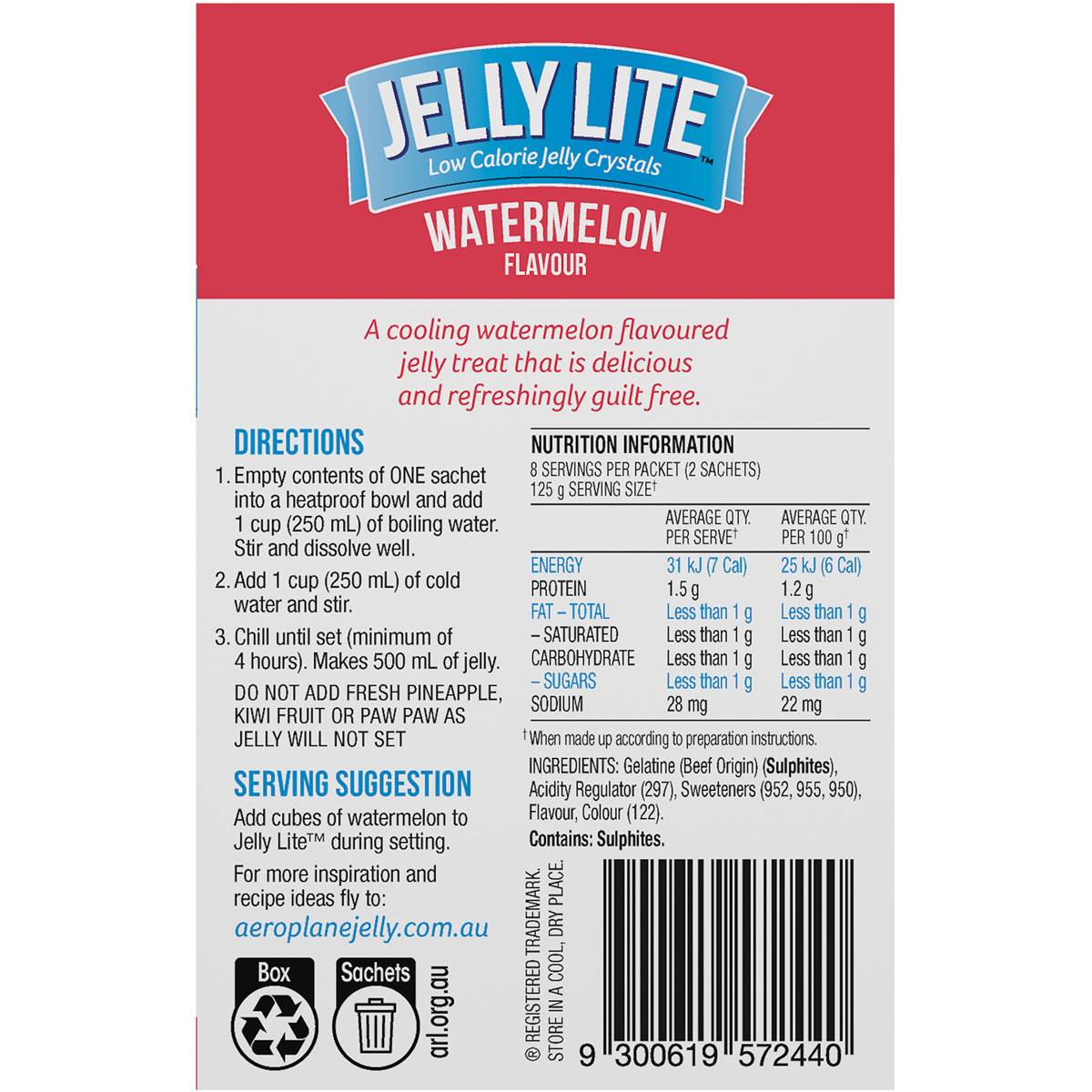 Aeroplane Jelly Lite Watermelon Flavour Low Calorie Jelly Crystals 2x9g
