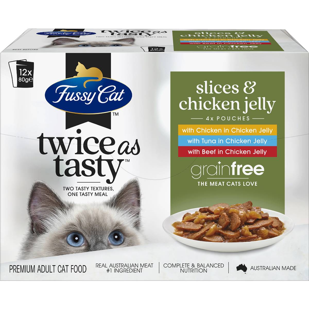 Fussy Cat Grain Free Adult Wet Cat Food Slices & Chicken Jelly 80g X 12