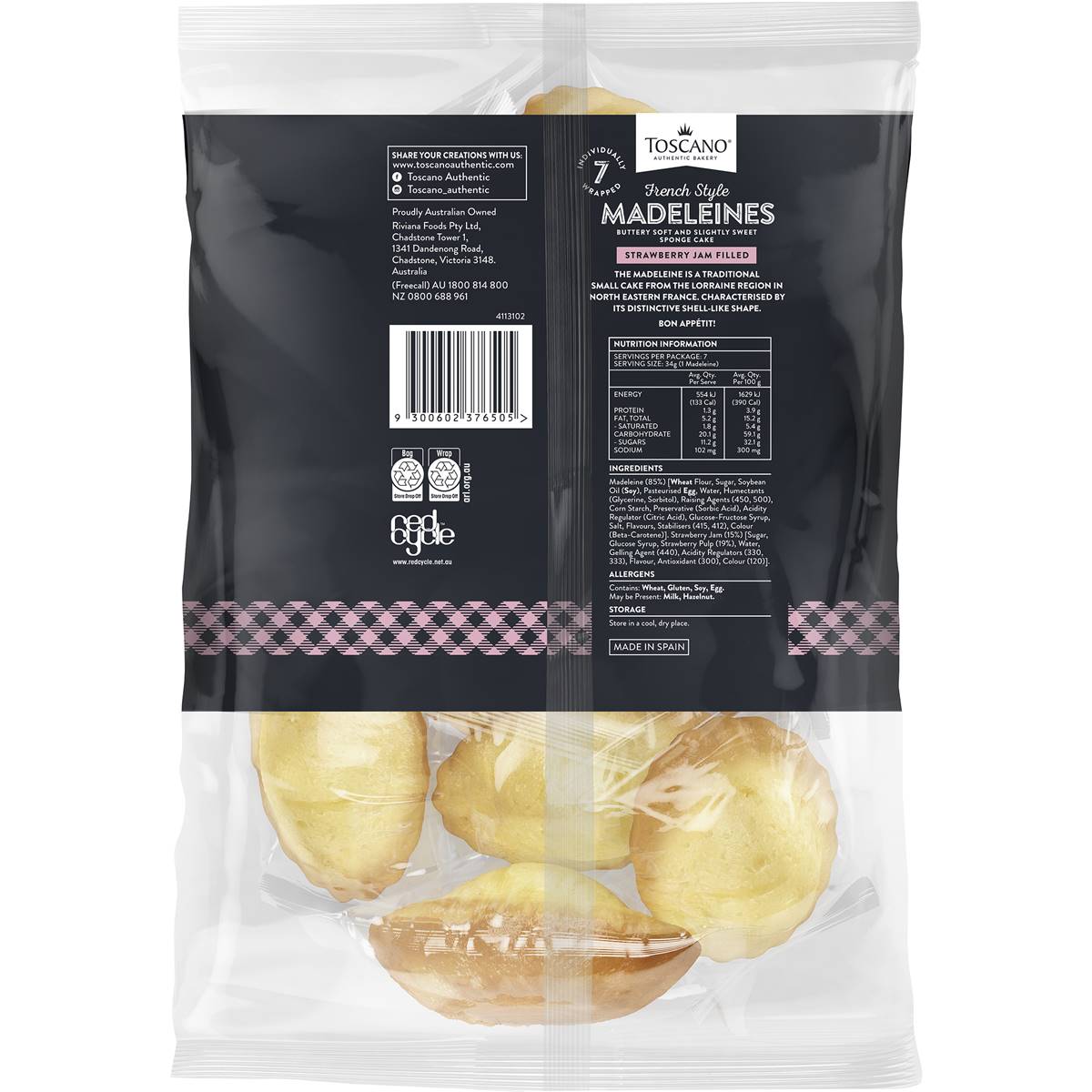 Toscano French Style Madeleines Strawberry Jam Filled 238g Woolworths