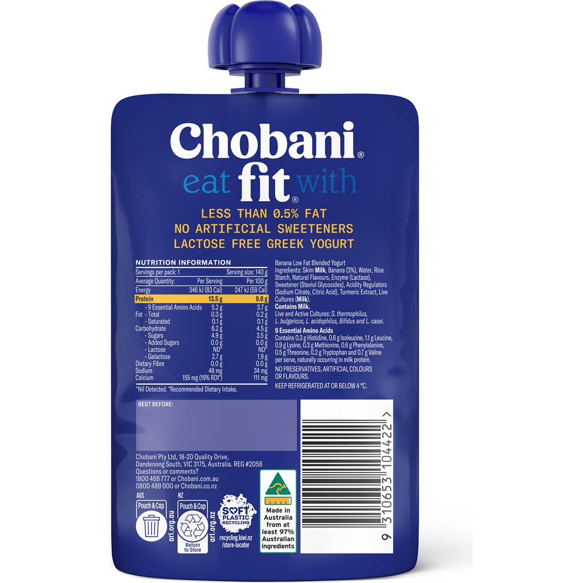 Chobani Fit Banana High Protein Greek Yoghurt Pouch 140g Woolworths