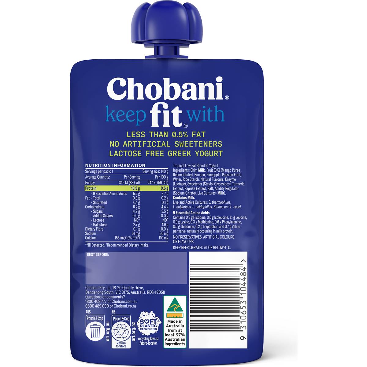 Chobani Fit Tropical High Protein Greek Yoghurt Pouch 140g | Woolworths